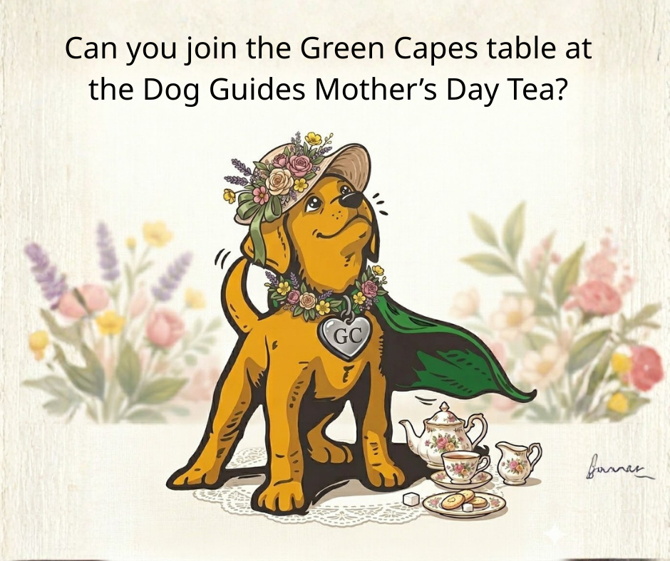 Ms Superpup is dressed for a special occasion. She wears a floral hat and a green cape, with a heart-shaped tag labeled “GC” around her neck. She stands proudly beside an elegant tea setting, including a teapot, teacup, and small treats, all arranged on a lace doily. Soft pastel flowers decorate the background, creating a gentle, springtime atmosphere.